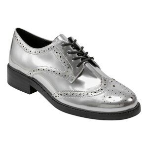 169$ Marc Fisher Perrie Metallic Leather Lace-Up Oxford Shoes Size 5.5 US Silver